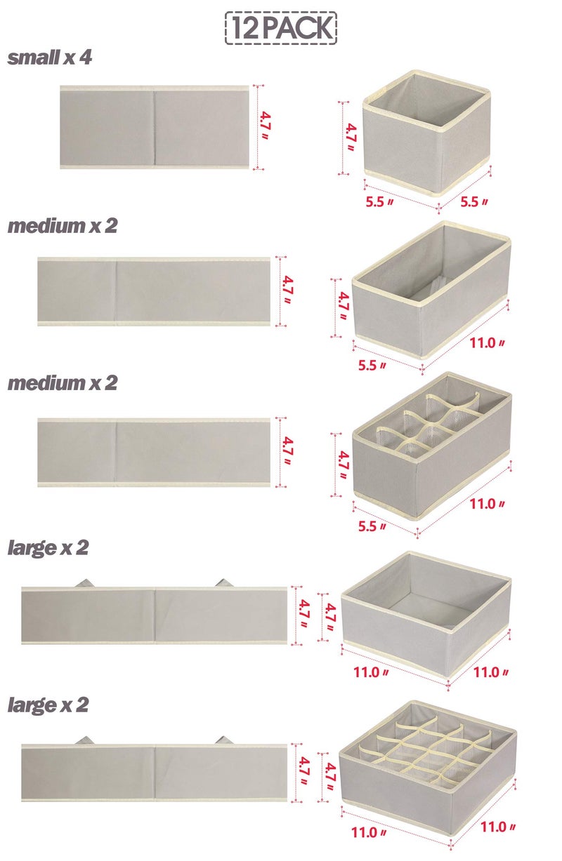 TENABORT 12 Pack Foldable Drawer Organizer Dividers Cloth Storage Box Closet Dresser Organizer Cube Fabric Containers Basket Bins for Underwear Bras Socks Panties Lingeries Nursery Baby Clothes Gray - Image 2